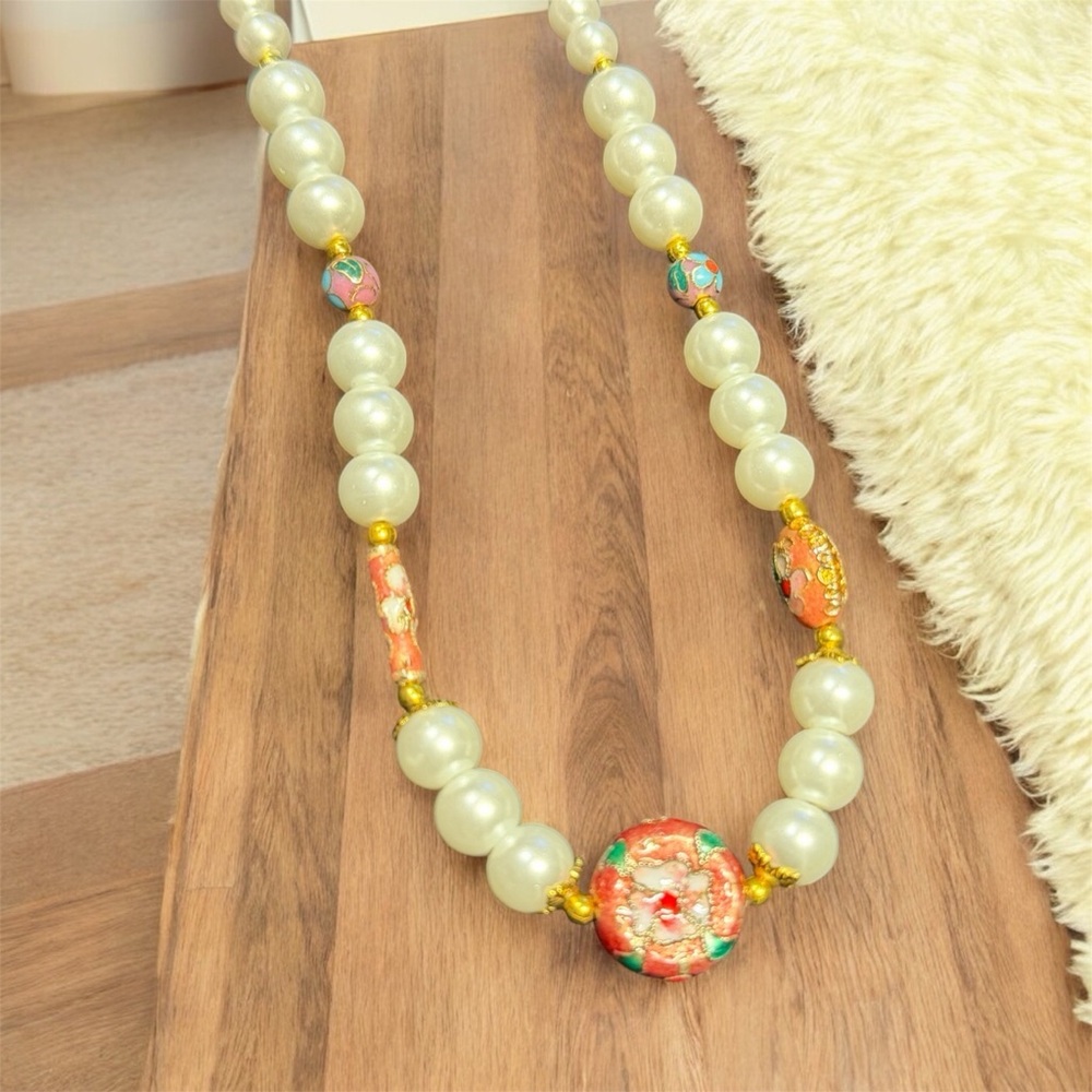 Handcrafted Cloisonné Pearl and Gold Beaded Necklace - Picture 4 of 12